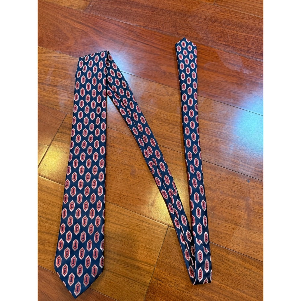 Vintage 60s Georges Chanel Tie Geometric Repeat Pattern | Blue Red | 55"L 3"W - Picture 3 of 5